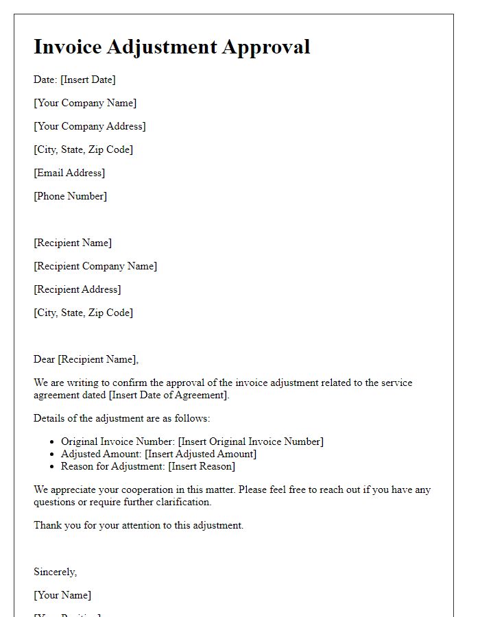 Letter template of invoice adjustment approval for service agreement.