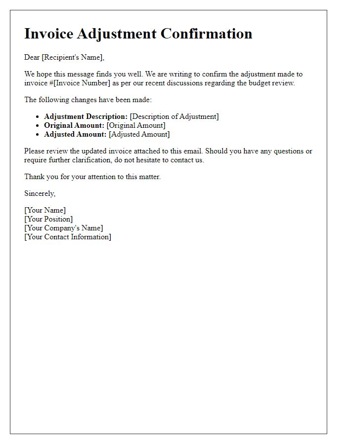 Letter template of invoice adjustment confirmation for budget review.