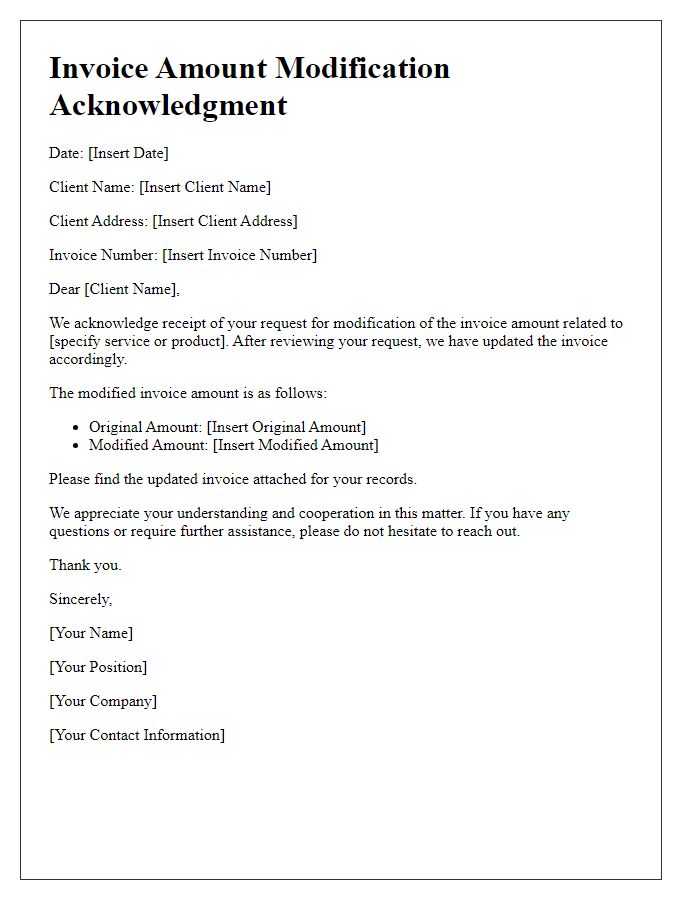 Letter template of invoice amount modification acknowledgment for client.