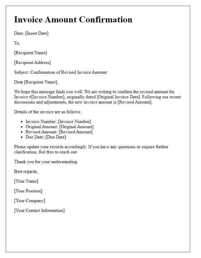 Letter template of revised invoice amount confirmation for financial auditing.