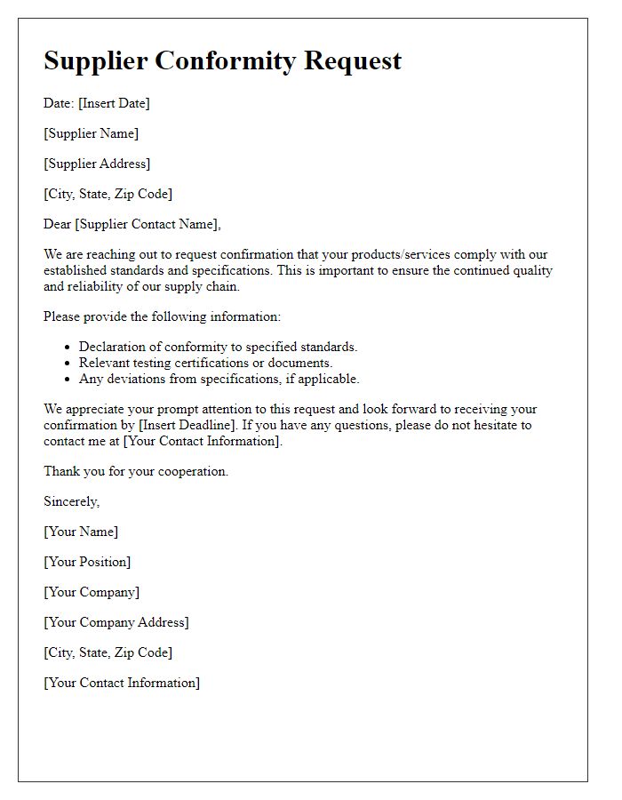 Letter template of supplier conformity request