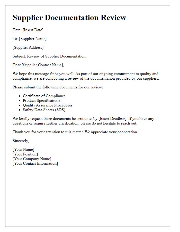 Letter template of supplier documentation review