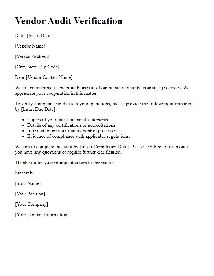 Letter template of vendor audit verification