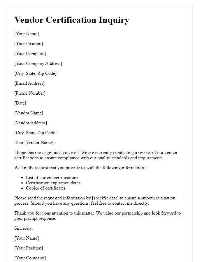 Letter template of vendor certification inquiry