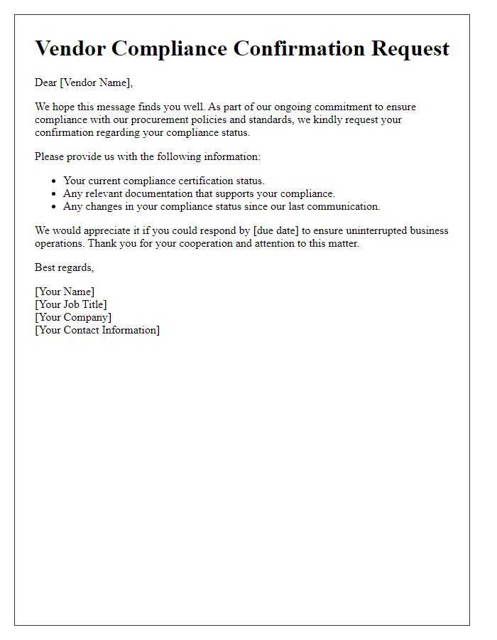 Letter template of vendor compliance confirmation request