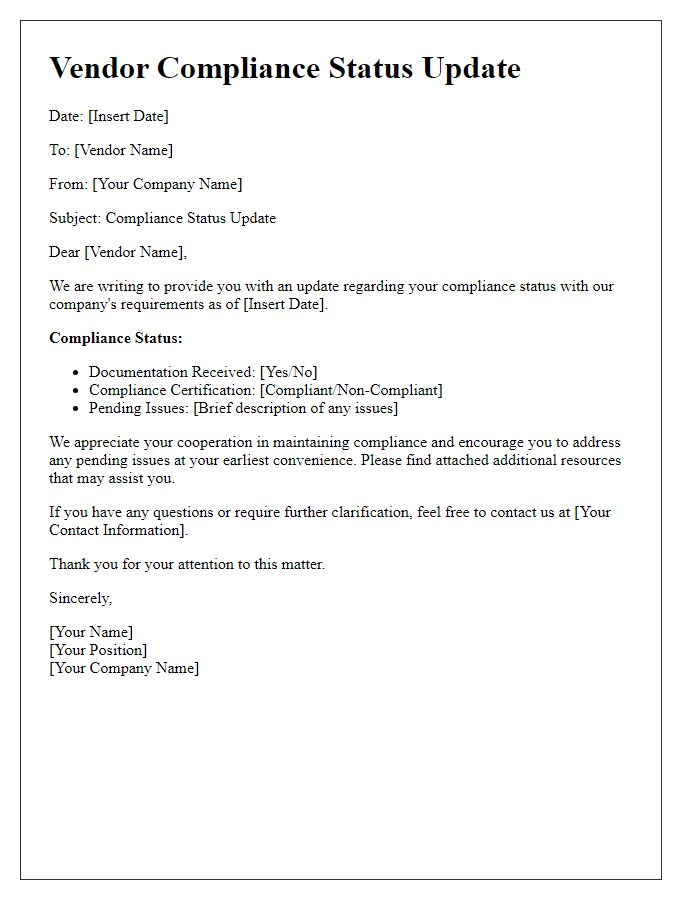 Letter template of vendor compliance status update