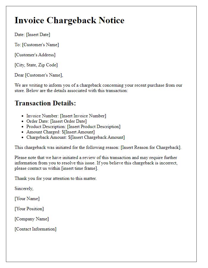 Letter template of invoice chargeback notice for product return.