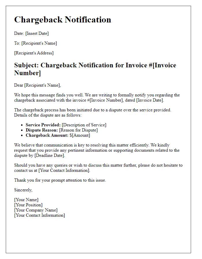 Letter template of invoice chargeback notification for service dispute.