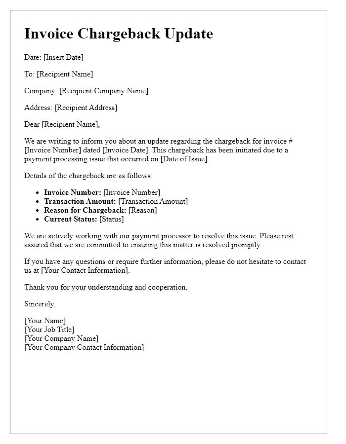 Letter template of invoice chargeback update for payment processing issue.