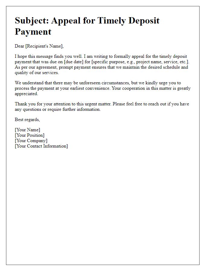 Letter template of appeal for timely deposit payment.