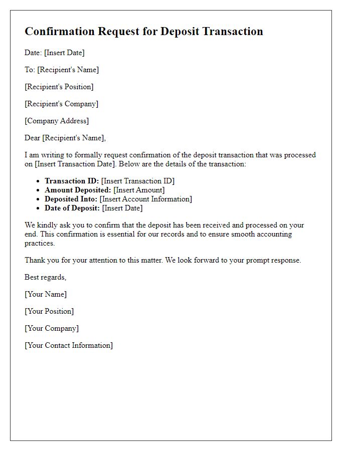 Letter template of confirmation request for deposit transaction.