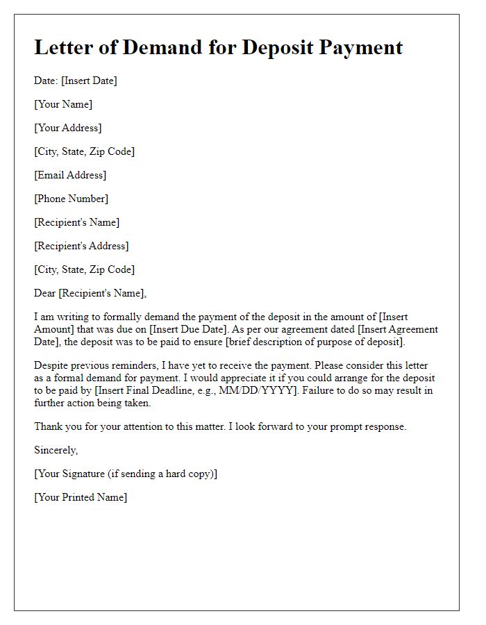 Letter template of demand for deposit payment.