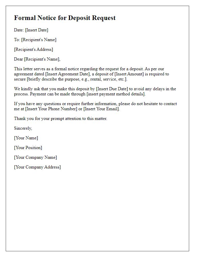 Letter template of formal notice for deposit request.