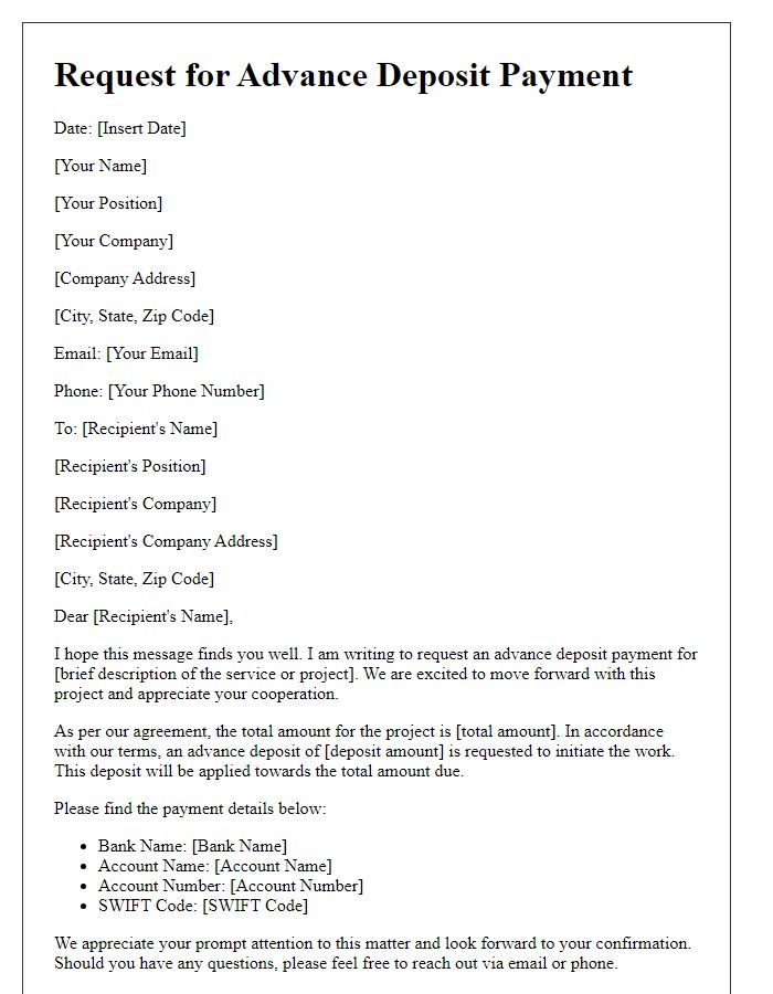 Letter template of request for advance deposit payment.