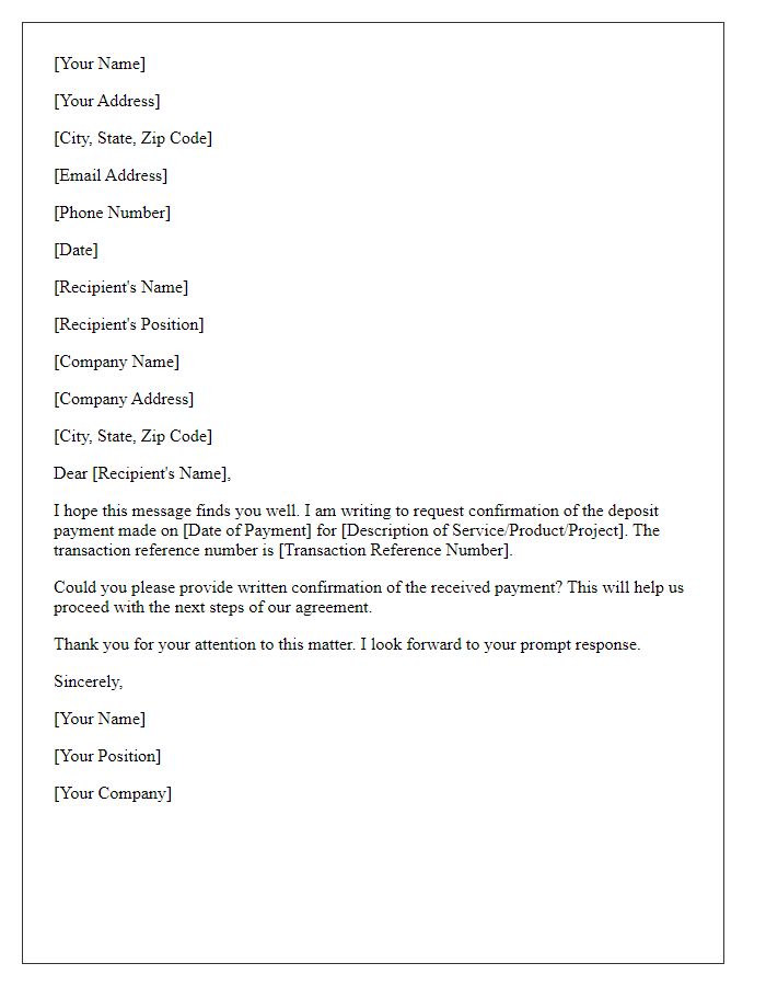 Letter template of request for deposit payment confirmation.