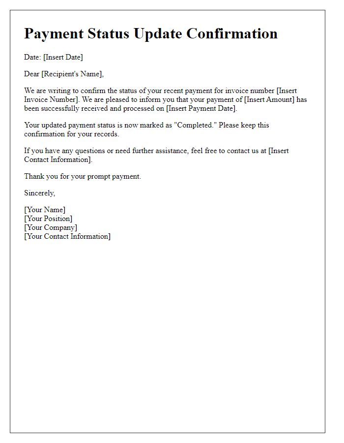 Letter template of confirmation regarding payment status update.