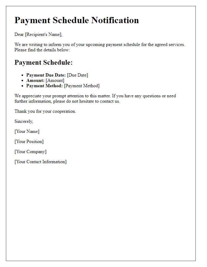 Letter template of notification regarding payment schedule.