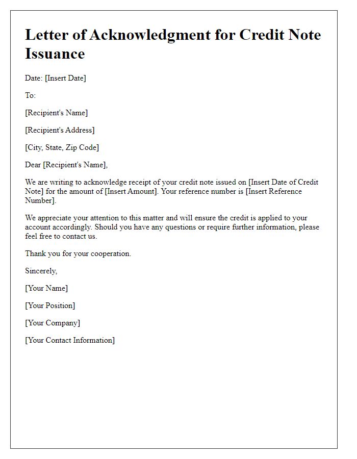 Letter template of acknowledgment for credit note issuance.