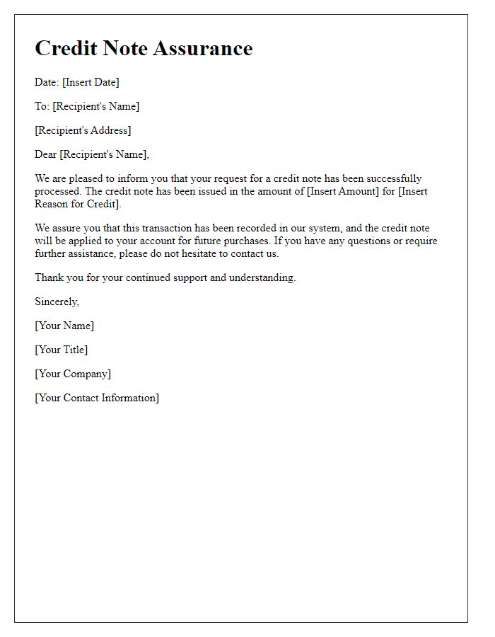 Letter template of assurance for the credit note processed.