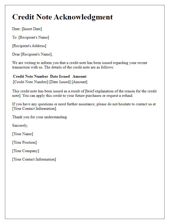 Letter template of correspondence concerning credit note issued.