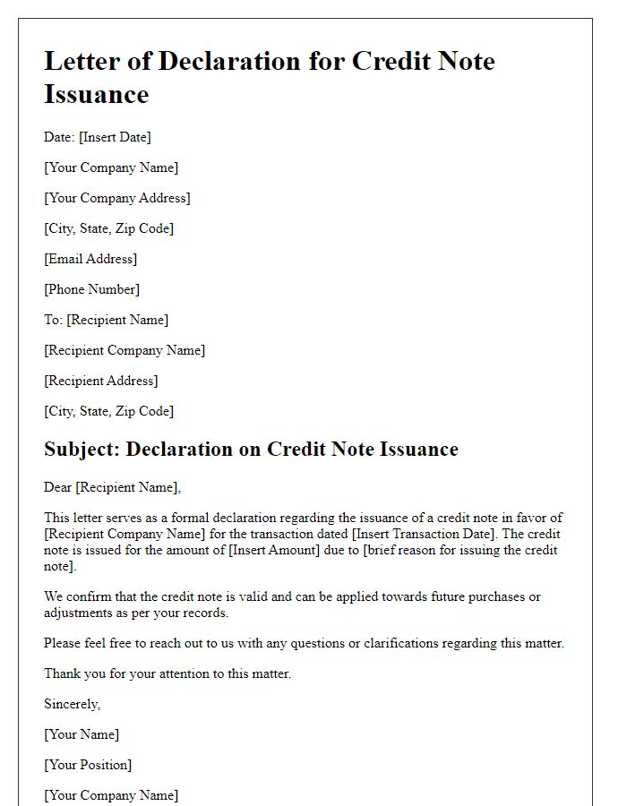 Letter template of declaration on credit note issuance.