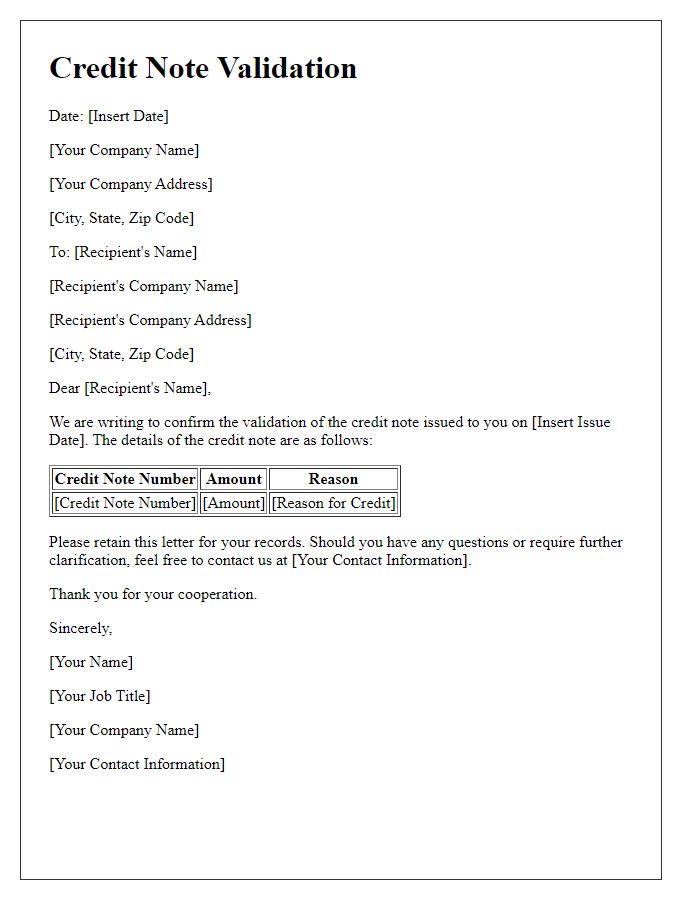 Letter template of validation for issued credit note.