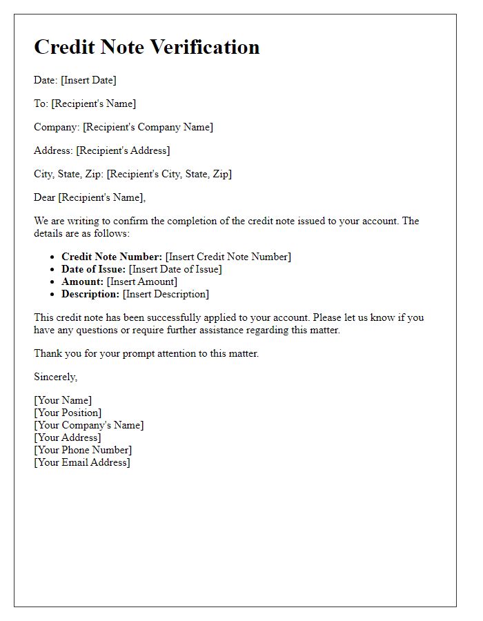 Letter template of verification for credit note completion.