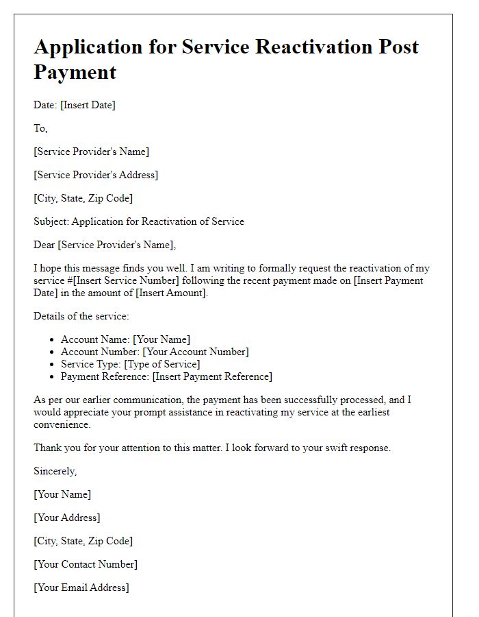 Letter template of application for service reactivation post payment.