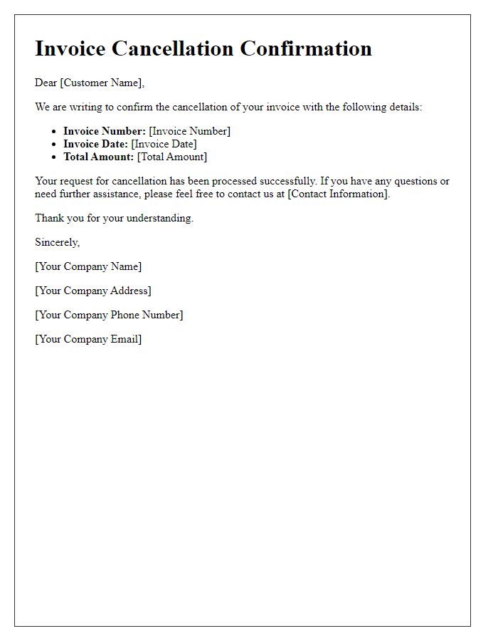 Letter template of Invoice Cancellation Confirmation