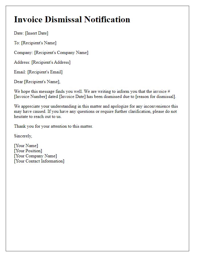 Letter template of Invoice Dismissal Communication