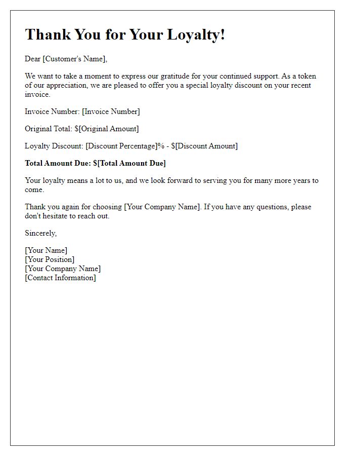 Letter template of loyalty discount invoice appreciation.