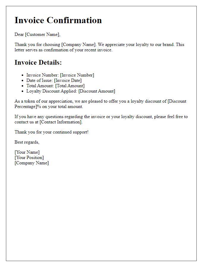 Letter template of loyalty discount invoice confirmation.