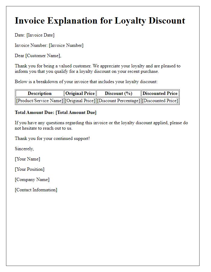 Letter template of loyalty discount invoice explanation.