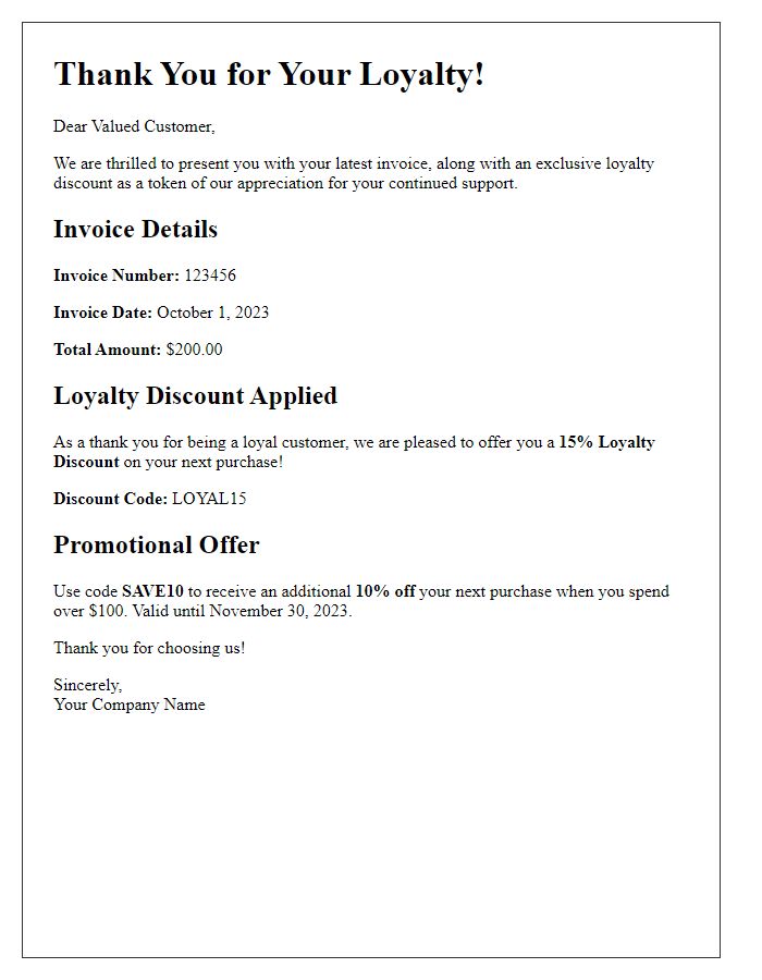 Letter template of loyalty discount invoice with promotional offer.