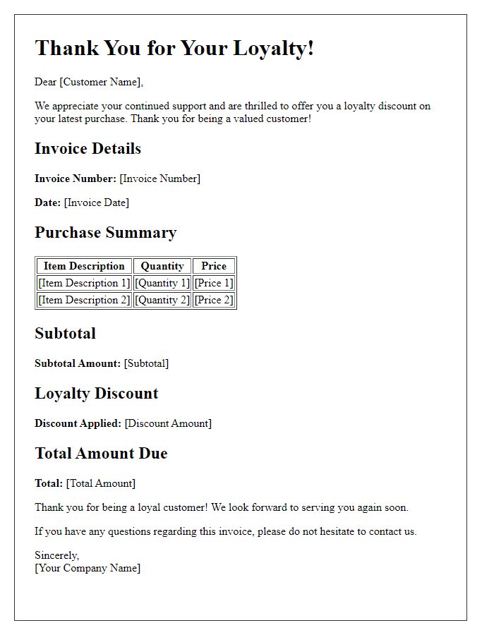 Letter template of loyalty discount invoice for returning customers.