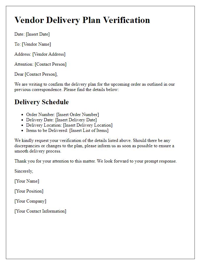 Letter template of vendor delivery plan verification