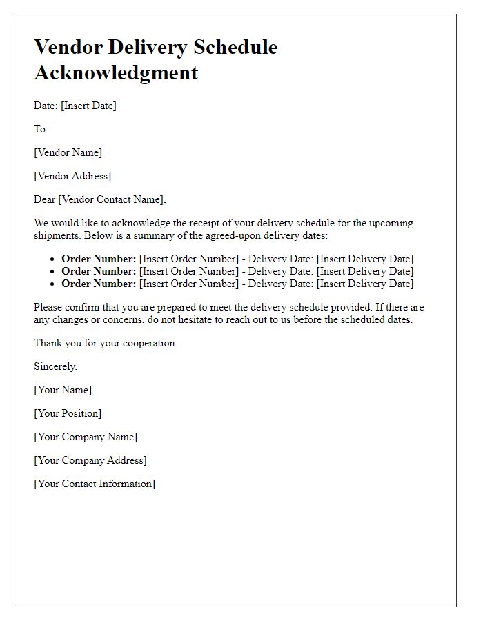 Letter template of vendor delivery schedule acknowledgment