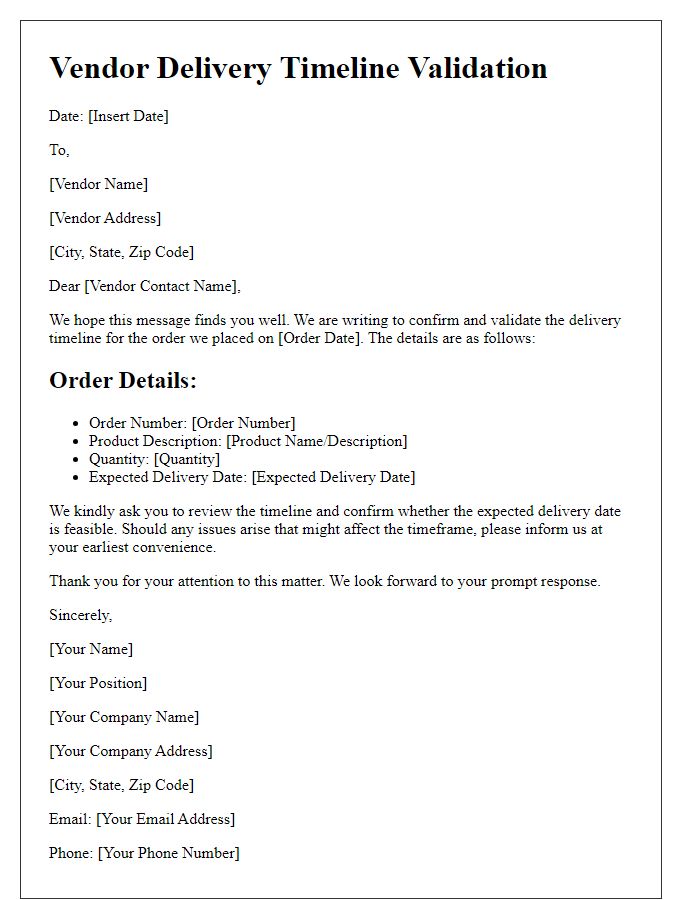 Letter template of vendor delivery timeline validation