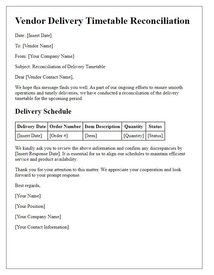 Letter template of vendor delivery timetable reconciliation