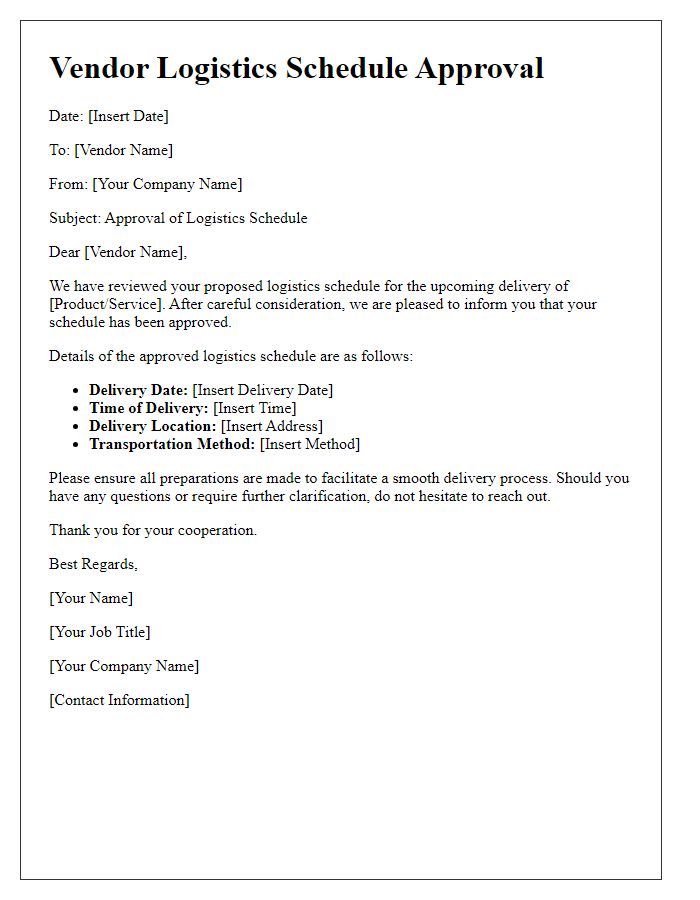 Letter template of vendor logistics schedule approval