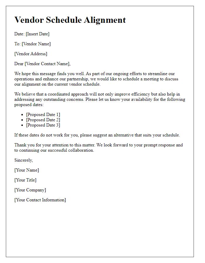 Letter template of vendor schedule alignment