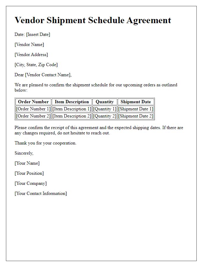 Letter template of vendor shipment schedule agreement