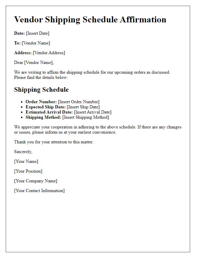 Letter template of vendor shipping schedule affirmation