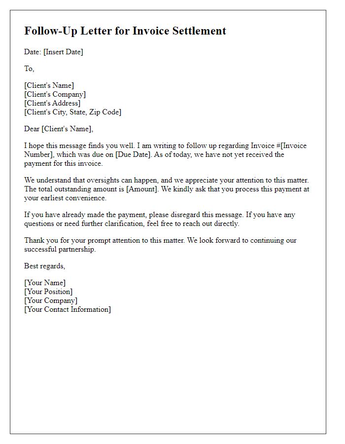 Letter template of follow-up for late invoice settlement.