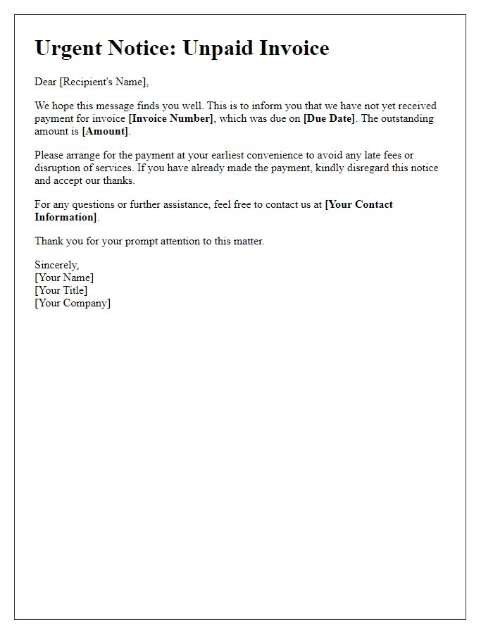 Letter template of urgent notice for unpaid invoice.
