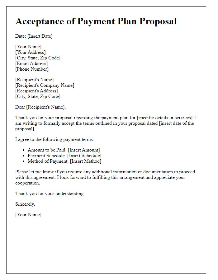 Letter template of Acceptance for Payment Plan Proposal