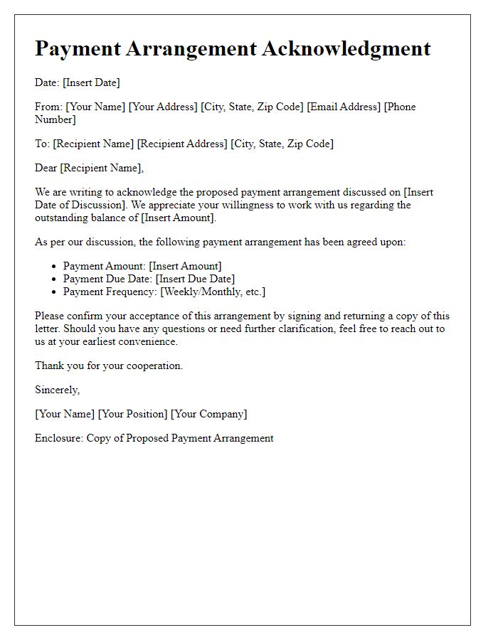 Letter template of Acknowledgment regarding Proposed Payment Arrangement