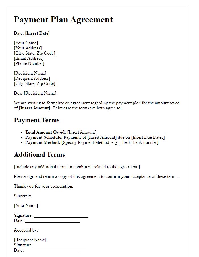 Letter template of Agreement to Payment Plan Terms