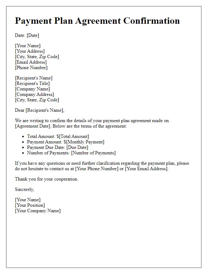 Letter template of Confirmation for Payment Plan Agreement