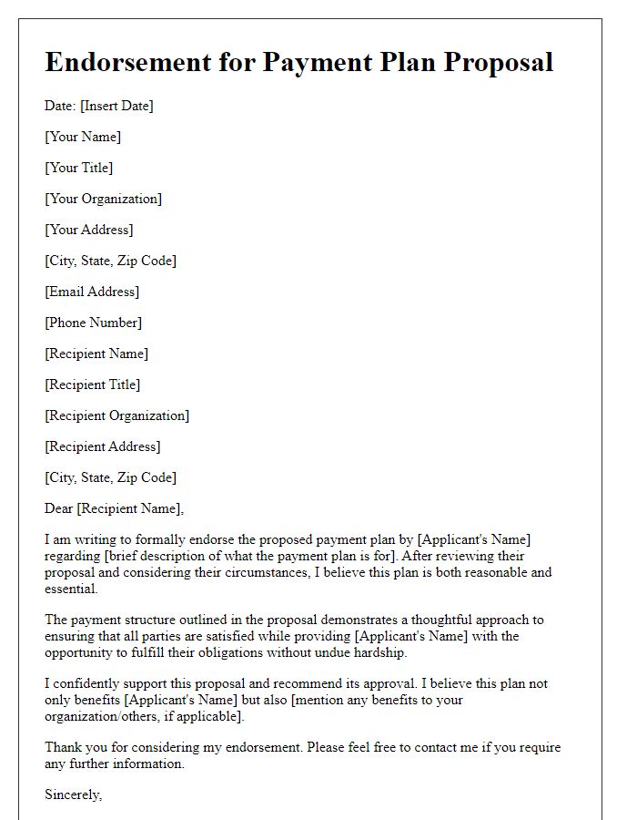 Letter template of Endorsement for Payment Plan Proposal